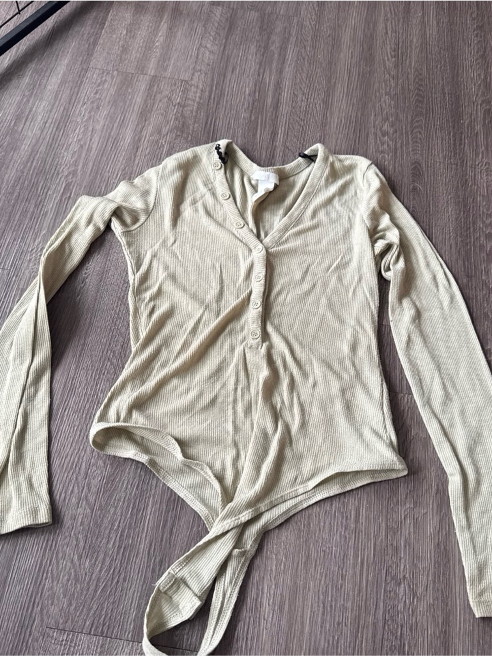 H&M Ribbed Long Sleeve Henley Bodysuit in Sage Green